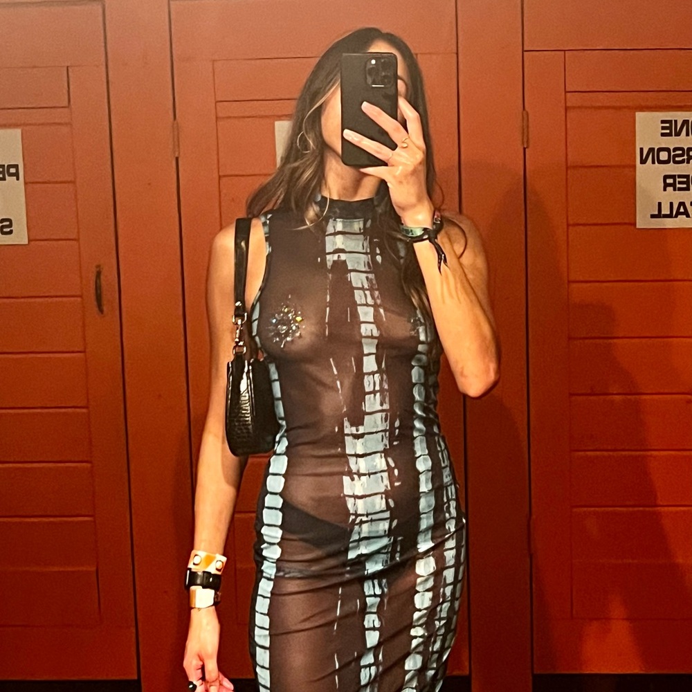 REVOLVE Sheer Black Maxi Dress with Blue Tie-Dye Stripes